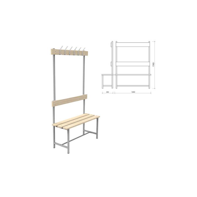 Скамья с вешалкой, спинкой "СВТ 4", 1765х1000х395 мм, 6 крючков, регулируемые опоры, каркас металлический серый, сиденье дерево главное фото